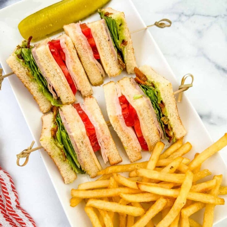 Chicken club picnic sandwiches with fries on the side