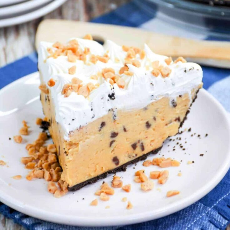 A slice of chocolate peanut butter pie with toffee chips