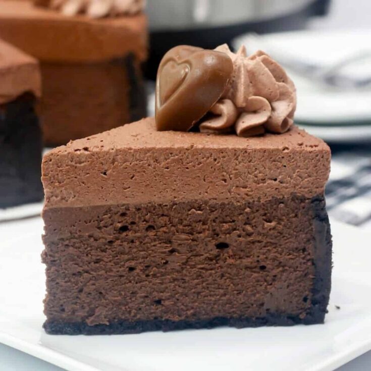 A slice of instant pot Godiva chocolate cheesecake