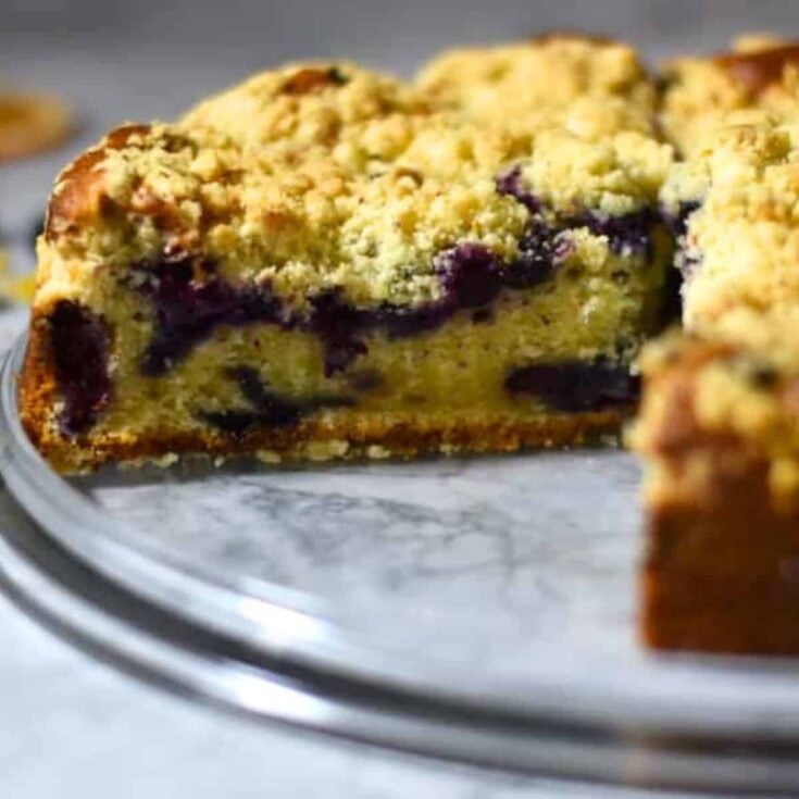 Sliced lemon blueberry coffee cake dessert