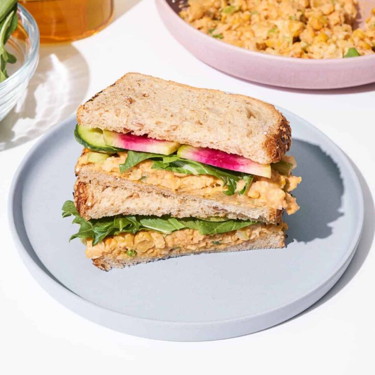 Spicy vegan chickpea salad picnic sandwiches