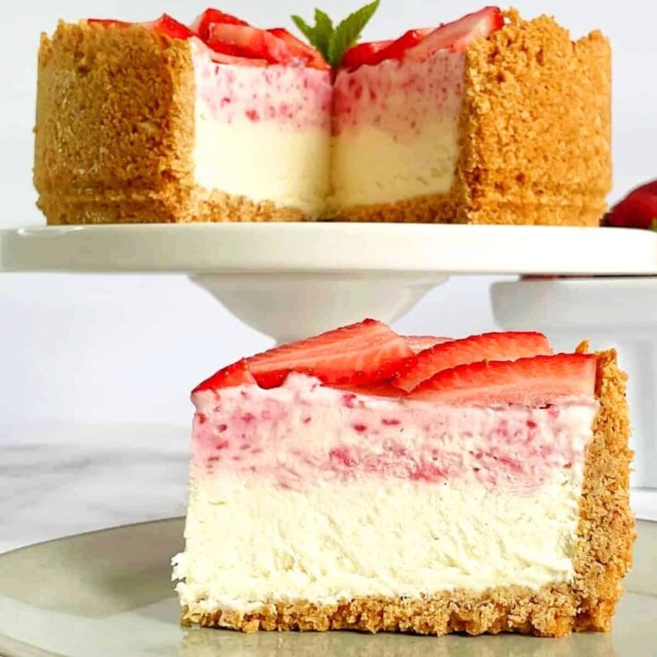 A slice of strawberry ice cream cheesecake
