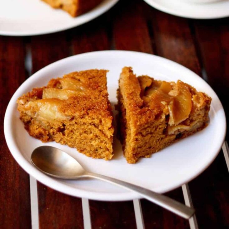 A slice of apple upside down cake