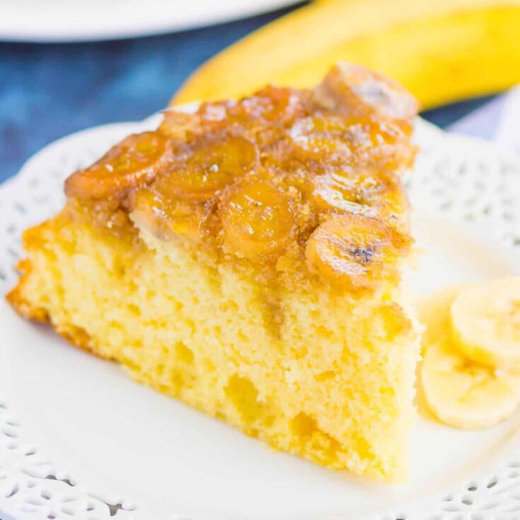 A slice of a banana upside down cake