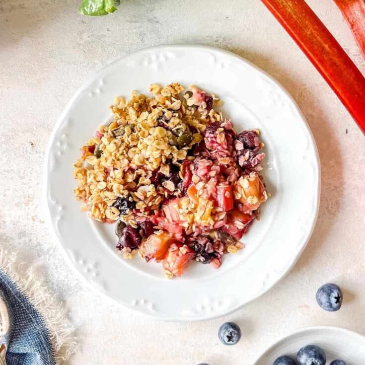 Blueberry rhubarb crisp on a plate
