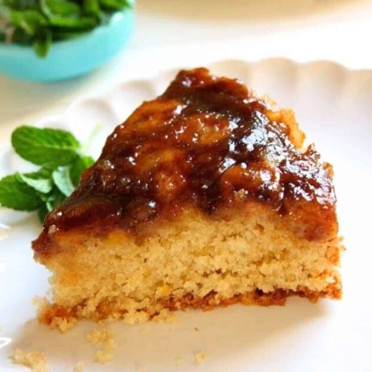 A slice of Bolo de banana spiced banana upside down cake