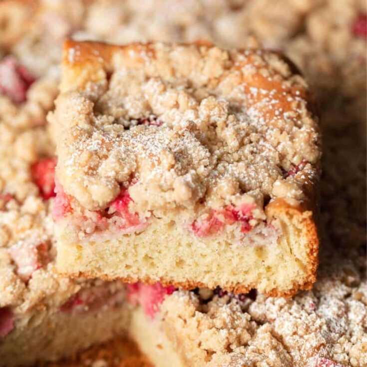 A slice of gluten free rhubarb coffee cake