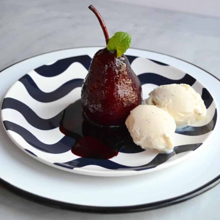 Hibiscus and red wine poached pears