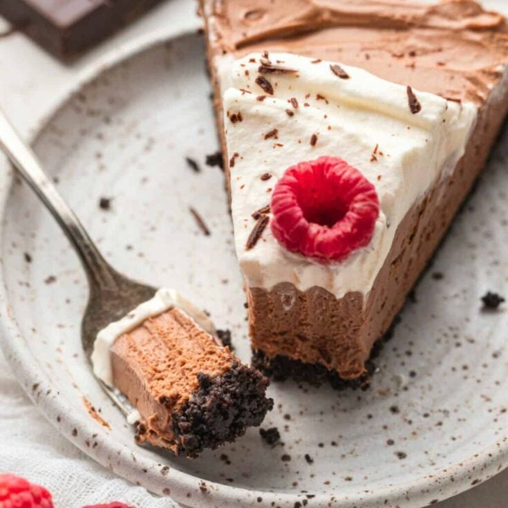 A slice of no-bake chocolate mousse cheesecake
