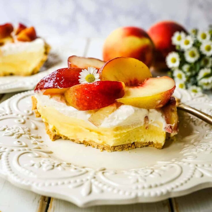 A slice of peaches and cream pie
