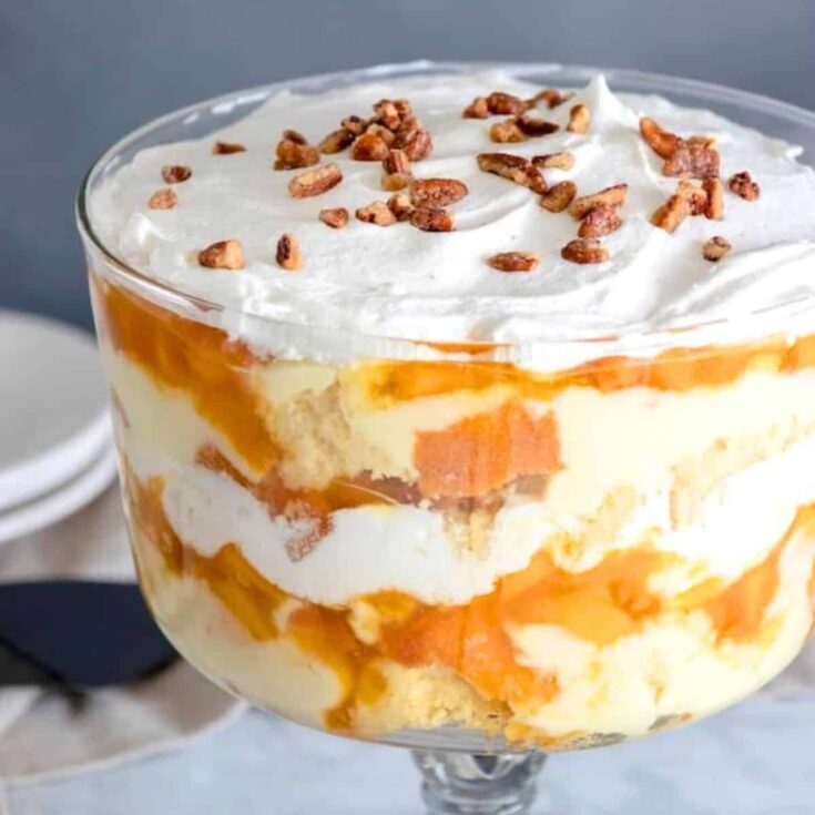 Peaches and cream trifle on a big bowl