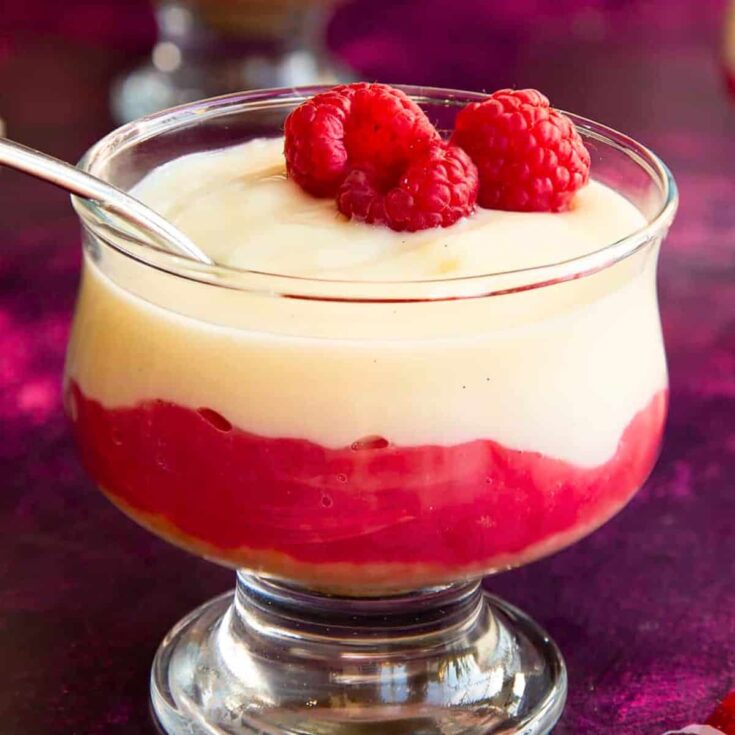 A cup of rhubarb and custard pudding