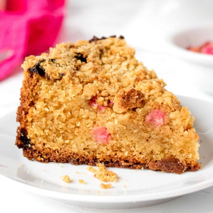 A slice of rhubarb crumble cake