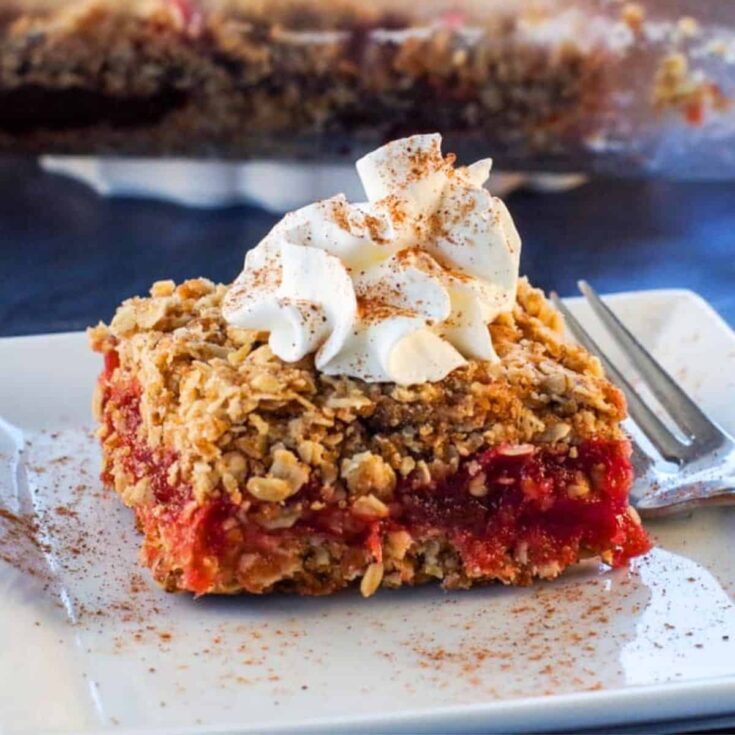 Rhubarb squares topped with whipped cream