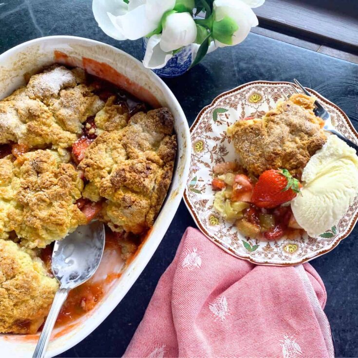 Rustic summer strawberry rhubarb cobbler dessert