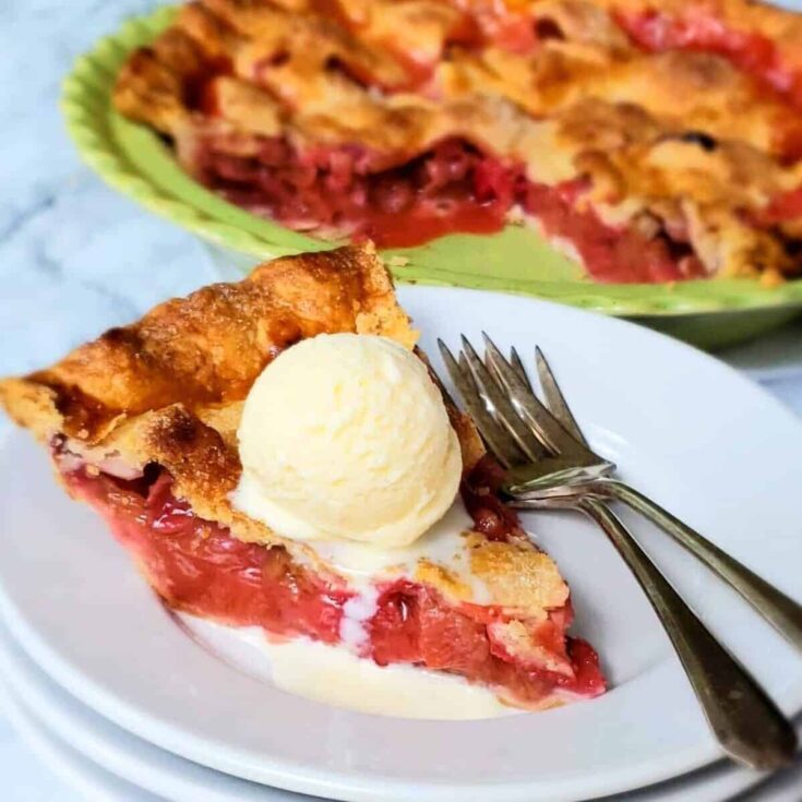 A slice of shortcut strawberry rhubarb pie