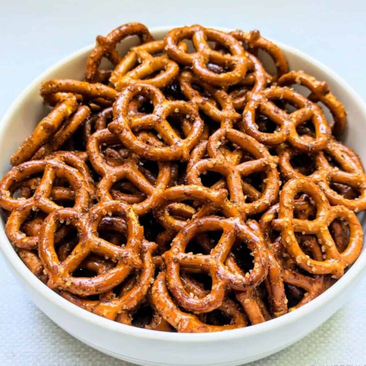 A bowl of spicy seasoned pretzels