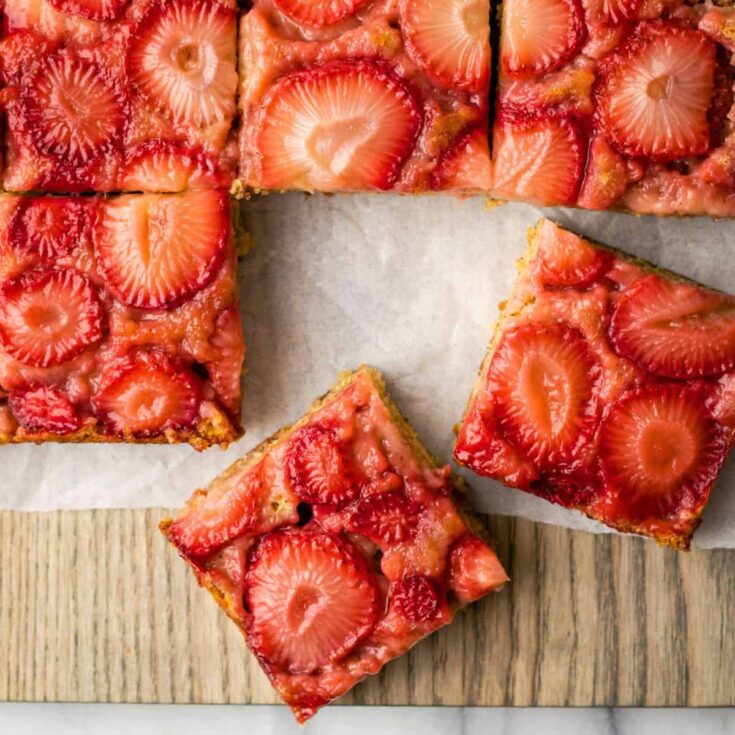Slices of strawberry banana upside down cake