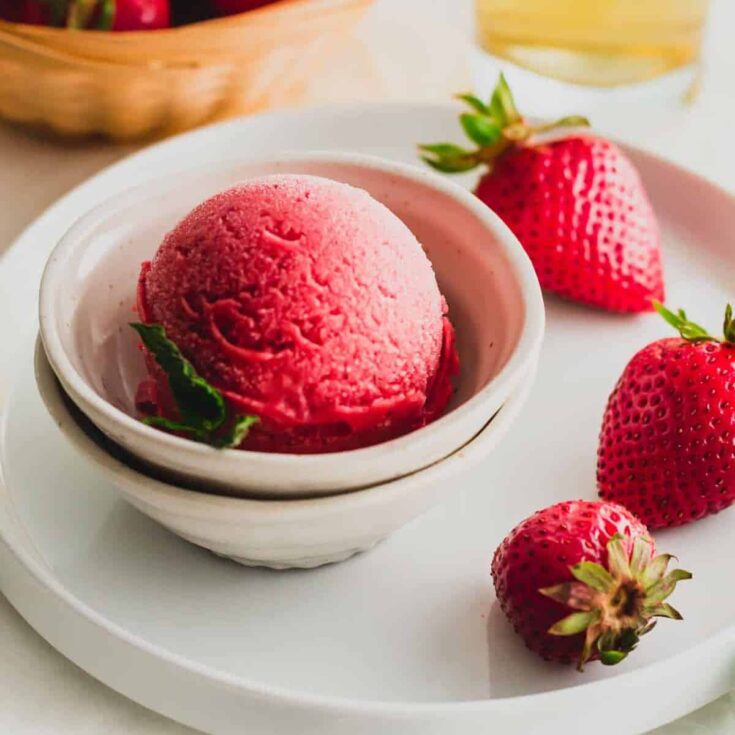 A small bowl of strawberry jasmine tea sorbet