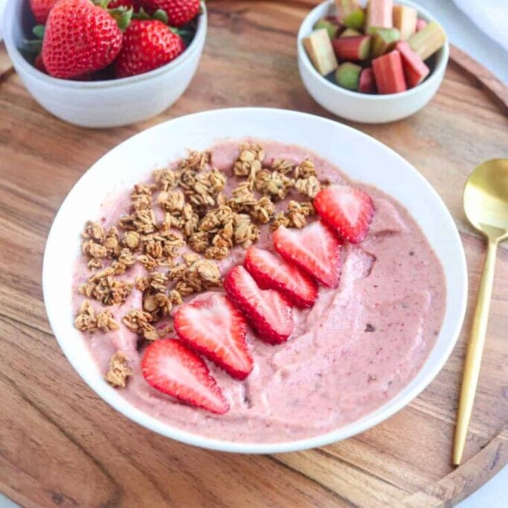 A bowl of strawberry rhubarb crisp smoothie