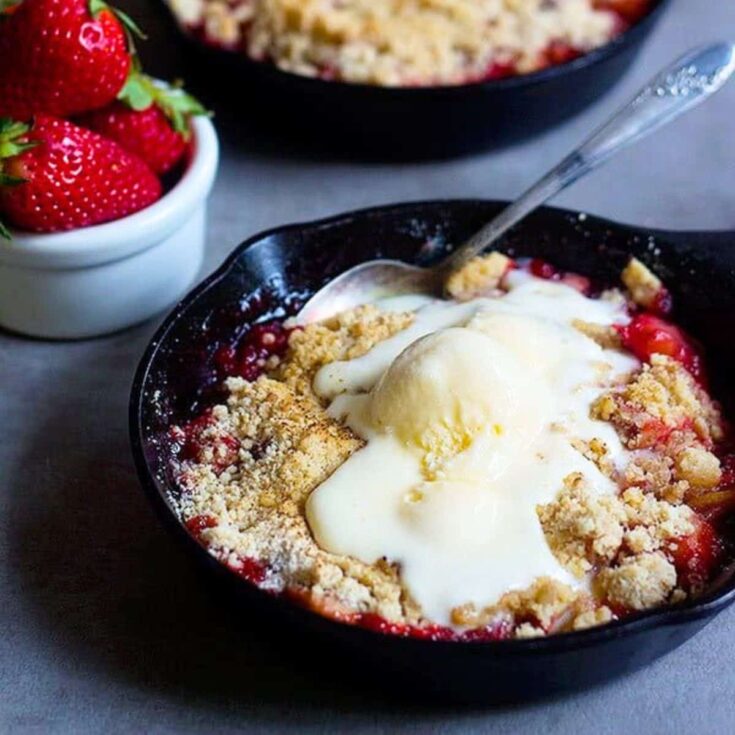Strawberry rhubarb crumble on a pan
