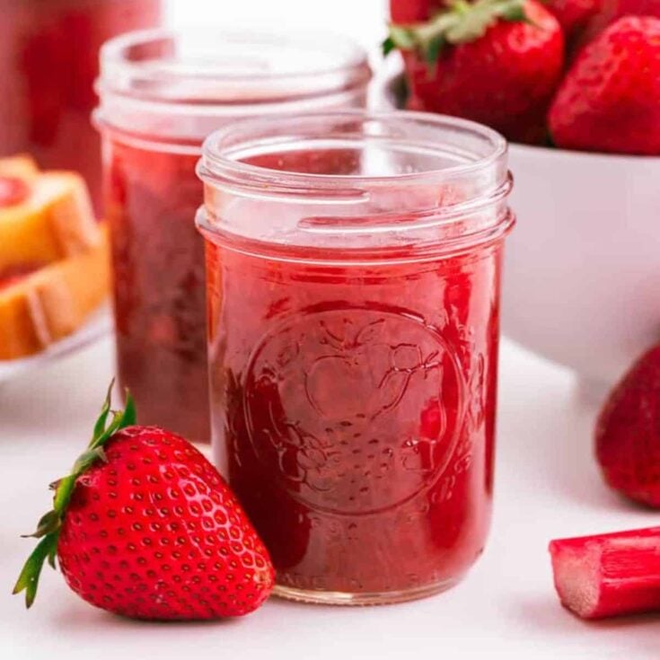 Strawberry rhubarb jam in a jar