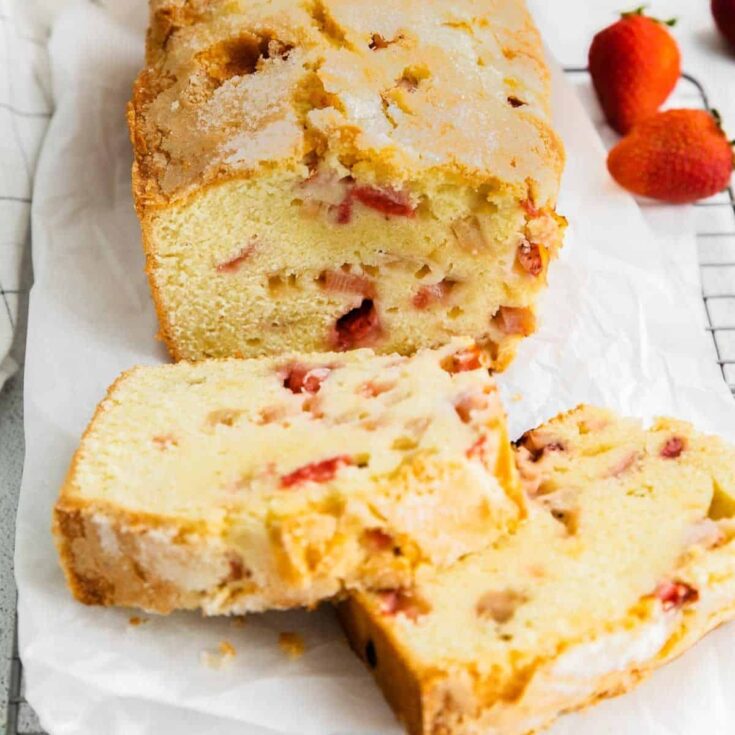 Slices of strawberry rhubarb pound cake