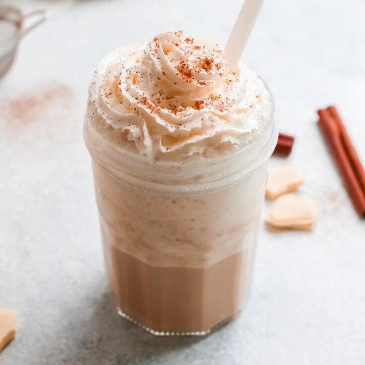 White chocolate Frappuccino iced coffee topped with whipped cream
