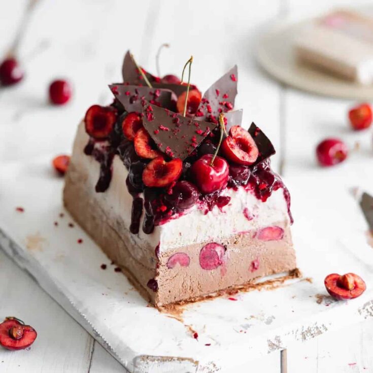 A slice of Black Forest ice cream cake