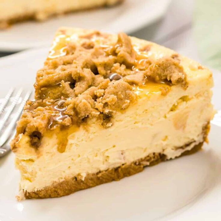 A slice of caramel apple cheesecake
