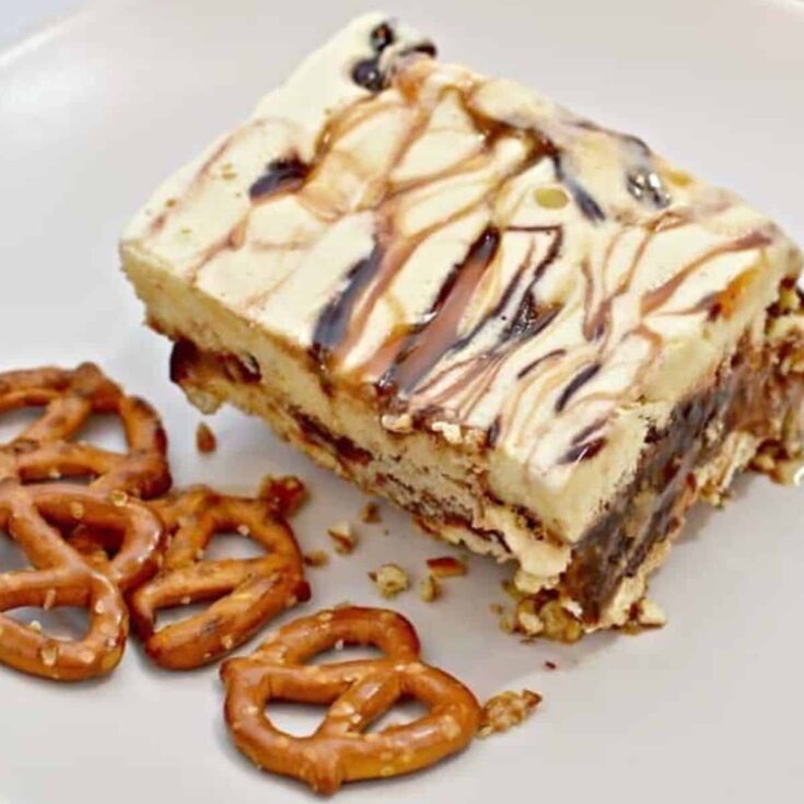 Caramel fudge ice cream cake with pretzel crust