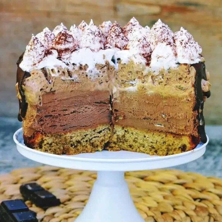 Chocolate ice cream cake with Italian meringue on top