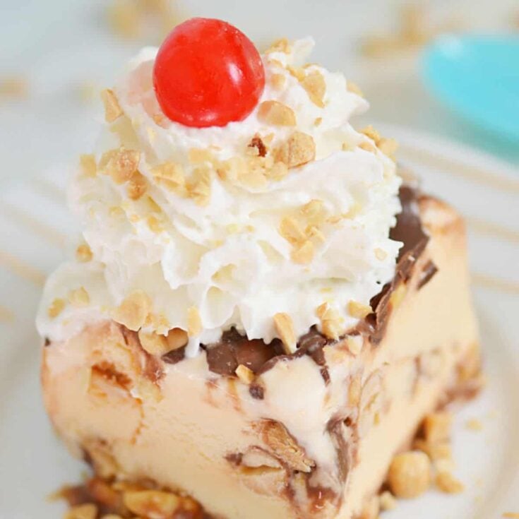 Easy ice cream cake topped with whipped cream