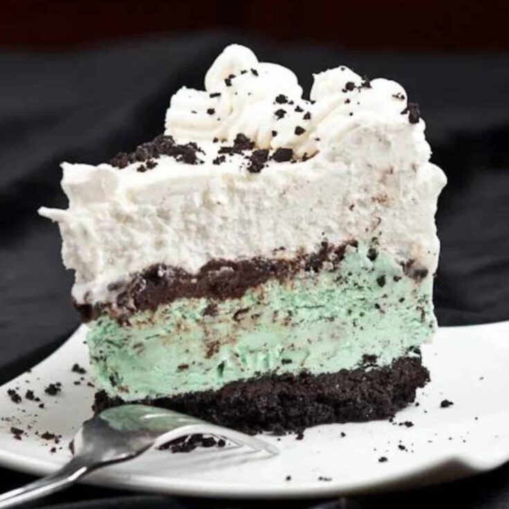 A slice of ice cream cake with fudgy crunchies