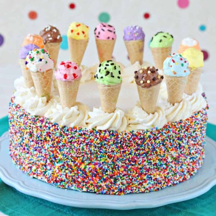 Ice cream sundae cake topped with mini ice creams