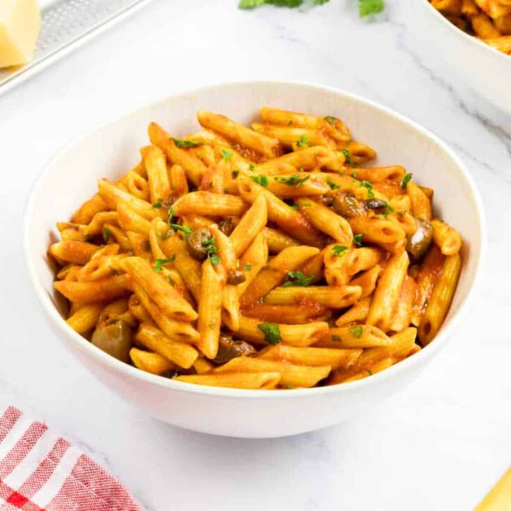 A bowl of Mediterranean pasta salad