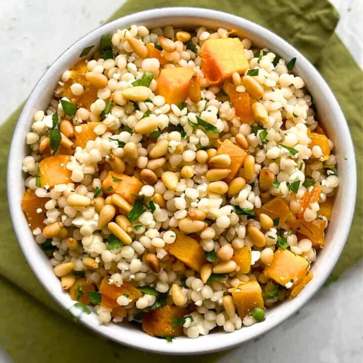 Mediterranean pumpkin couscous salad on a bowl