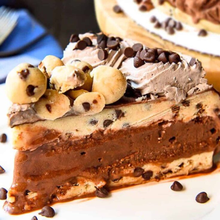 A slice of no-bake cookie dough ice cream cake