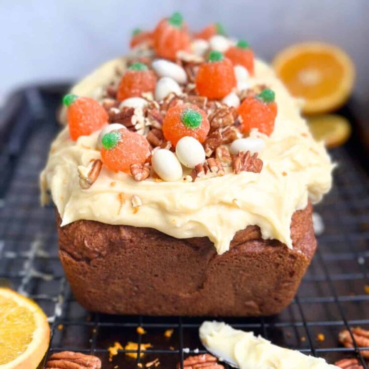 Pumpkin bread with orange cream cheese frosting