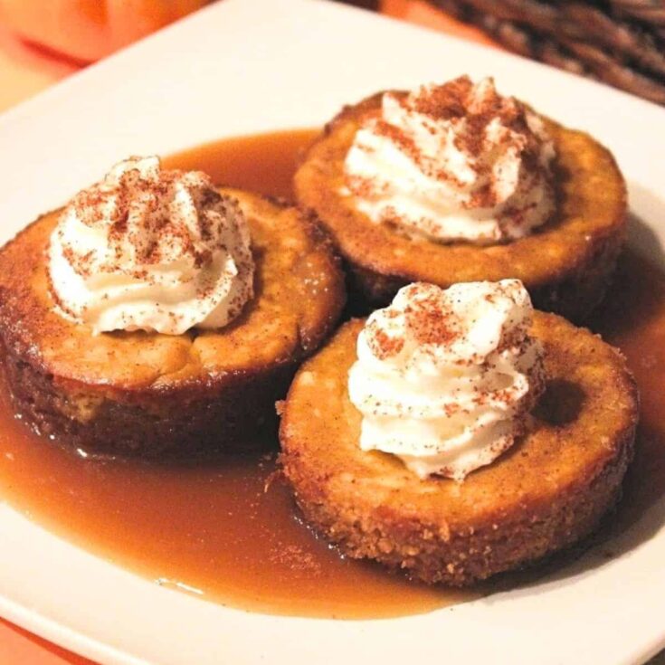 Pumpkin caramel cheesecake bites on a plate