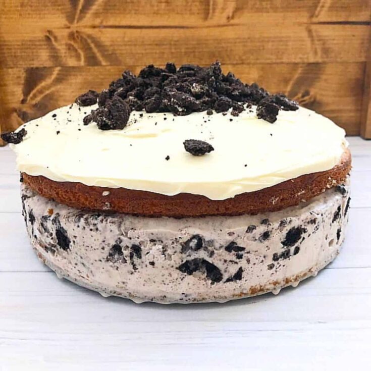 Semi-homemade Oreo ice cream cake with crushed Oreos on top
