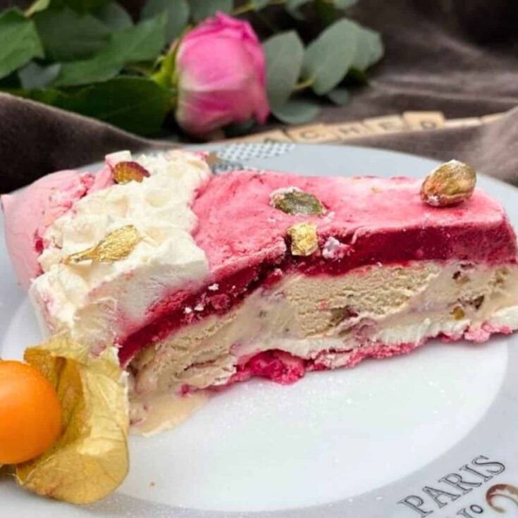 A slice of Vacherin glace ice cream cake