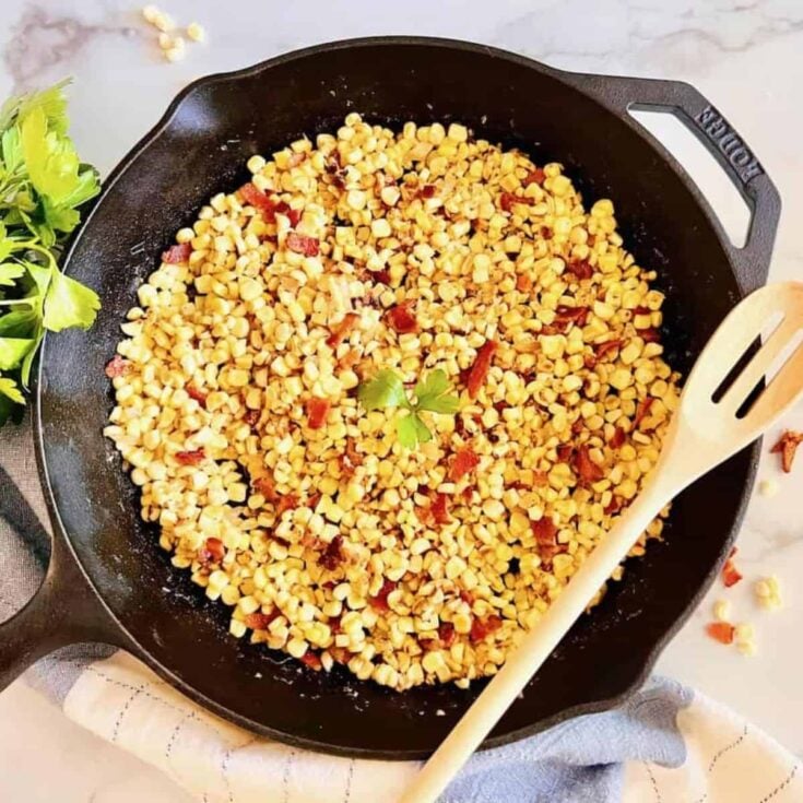 Bacon fried corn on a pan