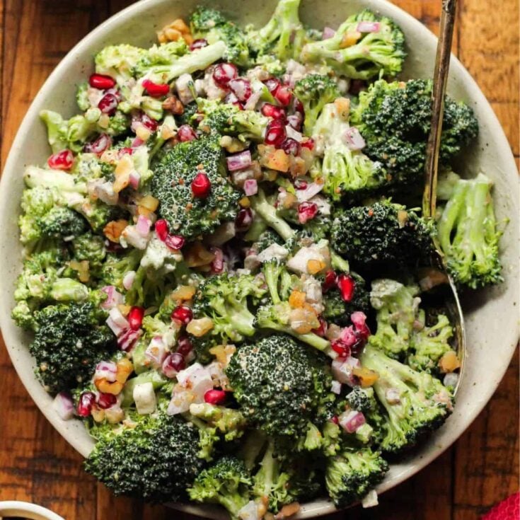 Broccoli pomegranate salad in a bowl