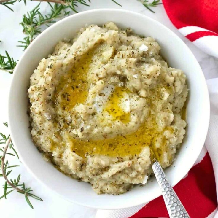 Creamy garlic cauliflower puree in a bowl