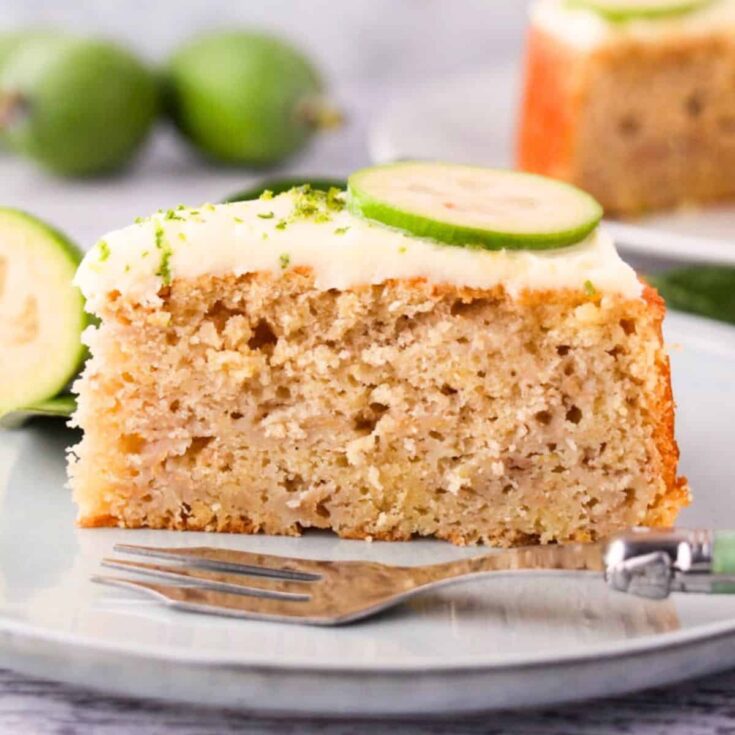 A slice of Feijoa cake made after reading these Fall baking recipes