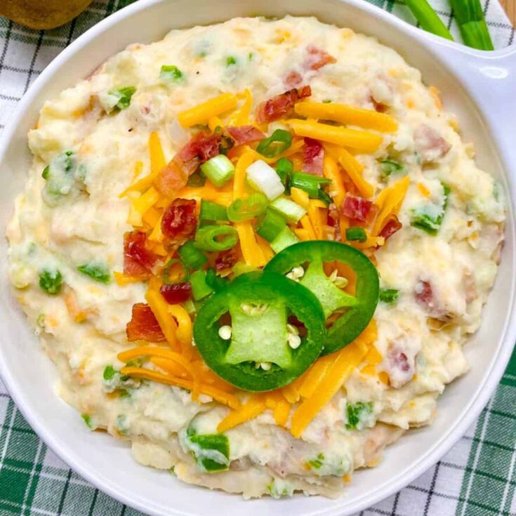A bowl of Jalapeno popper mashed potatoes