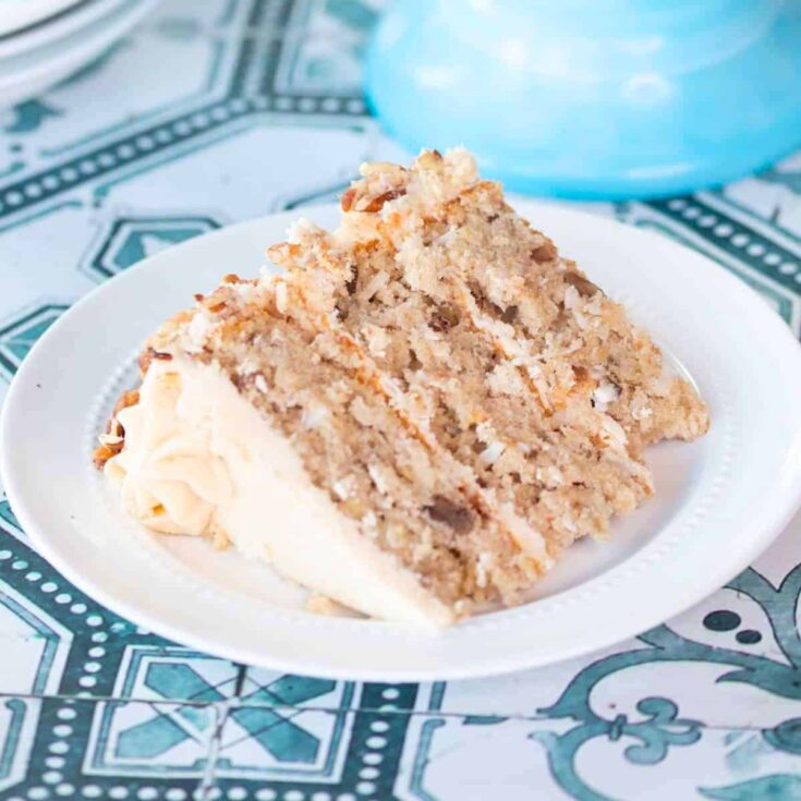 A slice of old fashioned hummingbird cake