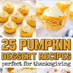A collage of pumpkin desserts, with the text overlay, 25 pumpkin dessert recipes perfect for thanksgiving
