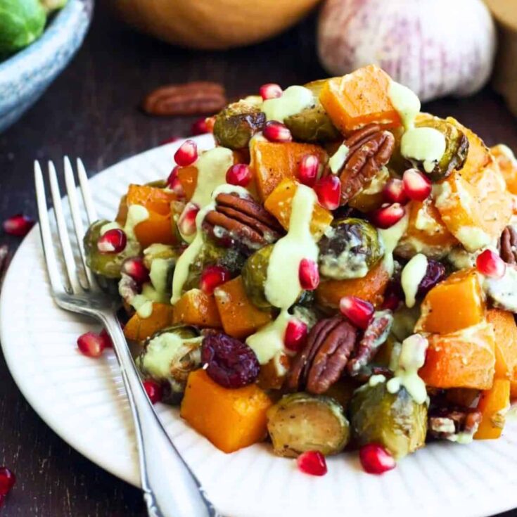 A plate of roasted Brussels sprouts made after reading these Thanksgiving sides